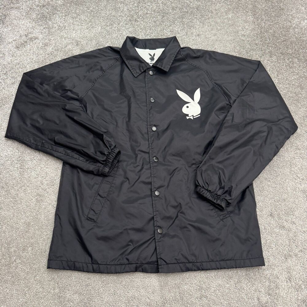 Playboy Bunny Snap Button Windbreaker Graphic Jacket Men Medium Black Streetwear